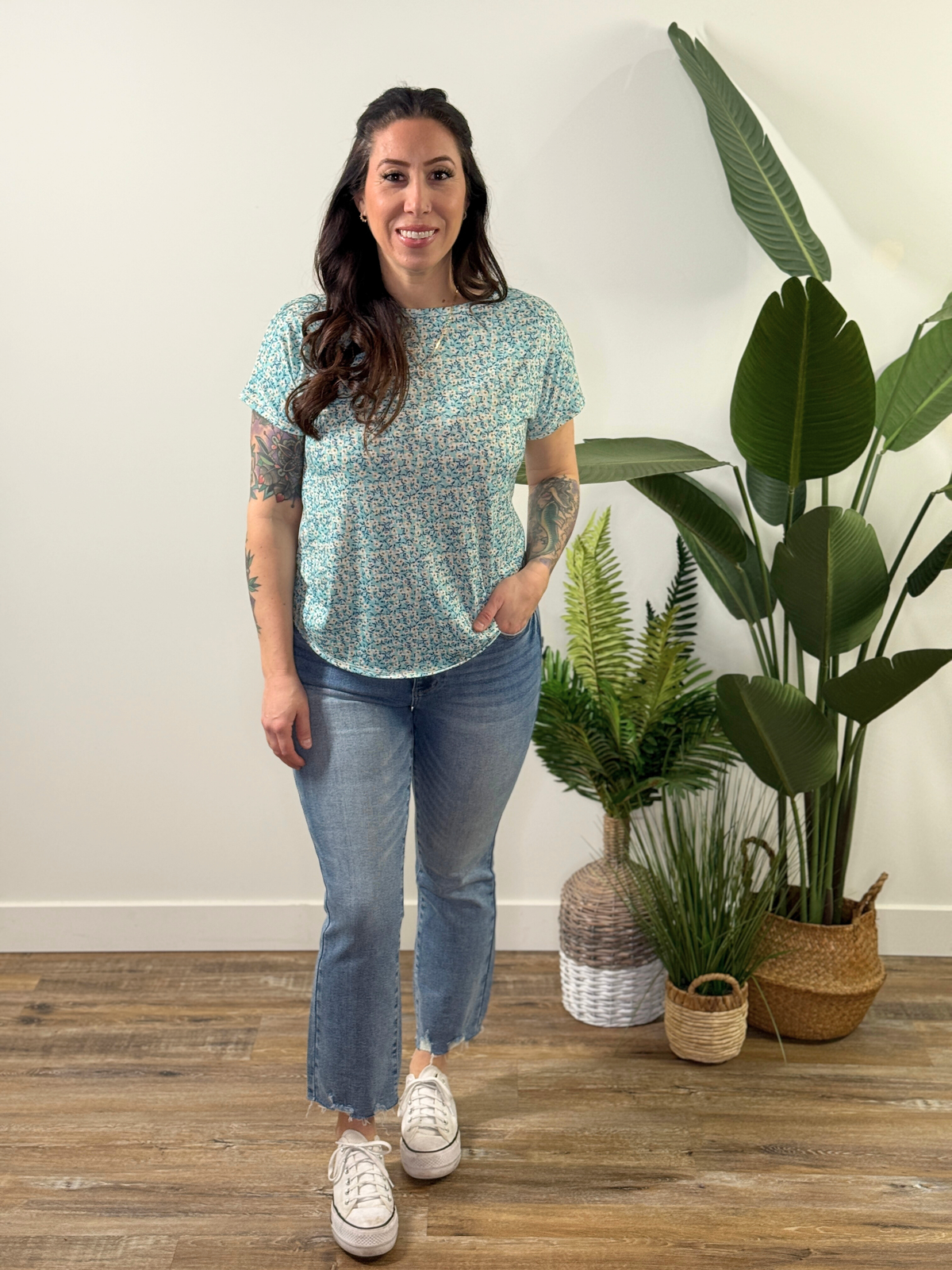 Buttery Soft Print Top - Teal Ditsy Floral