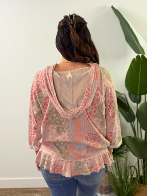 Floral patchwork 3/4 sleeve hoodie with ruffle bottom (Small - 3X)