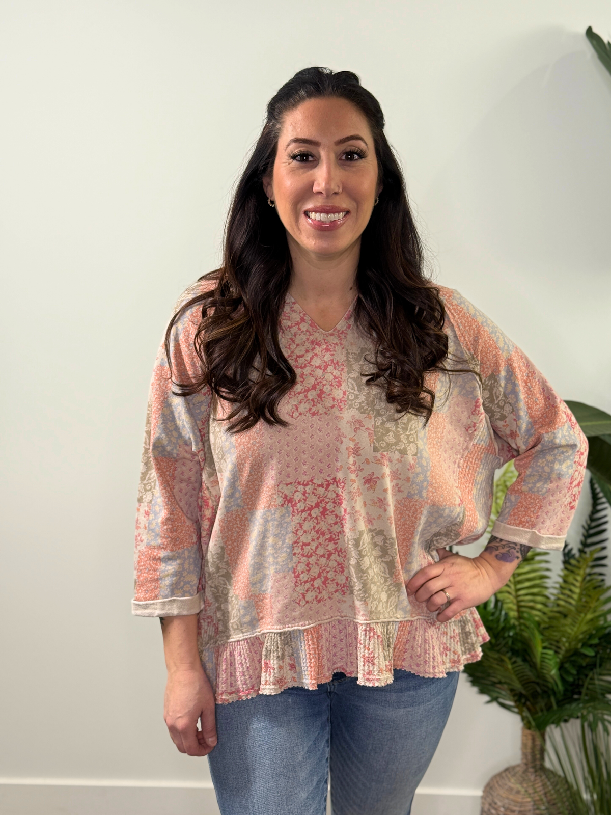 Floral patchwork 3/4 sleeve hoodie with ruffle bottom (Small - 3X)