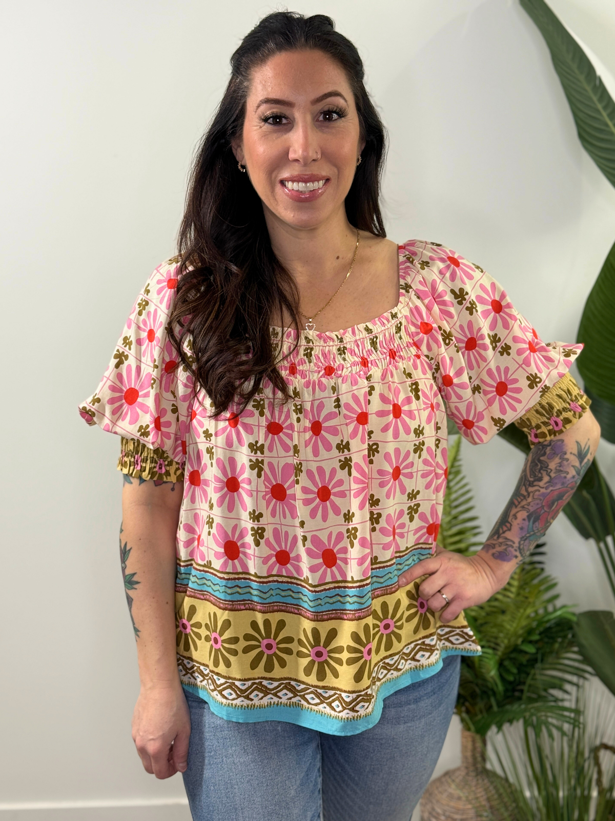 Boho Multicolor Retro Floral Blouse  (Small - 3X)