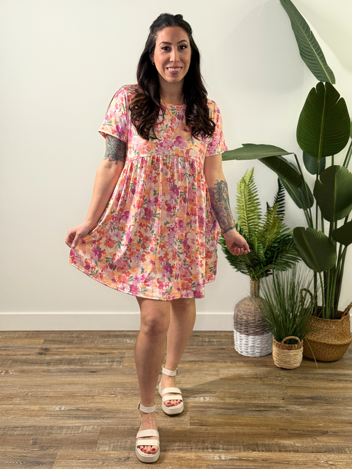 Floral Peach Babydoll Dress (Small - 3X)
