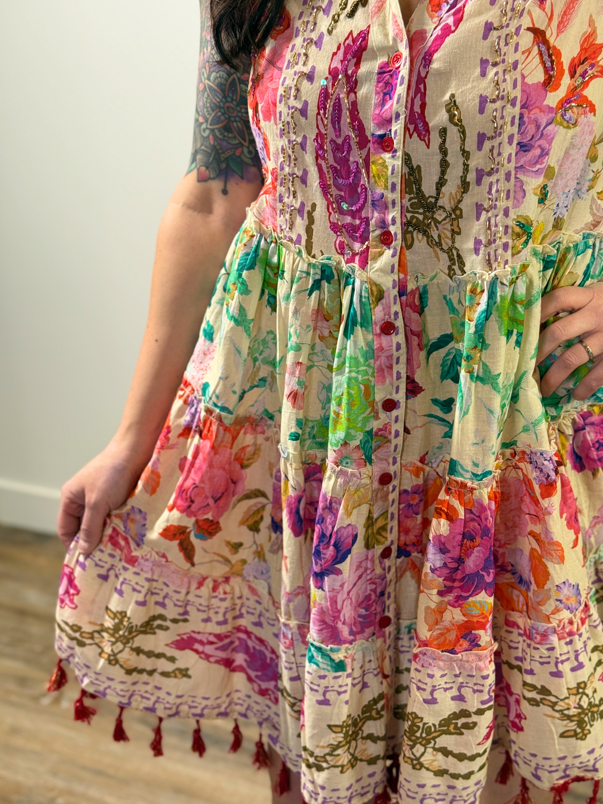 Multi Floral Boho Style Embelished Tank Dress