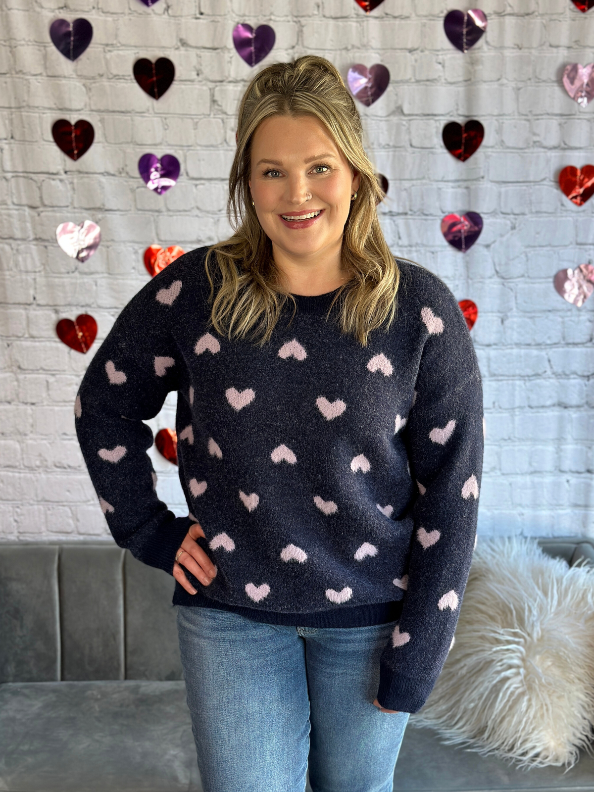 Navy Heart Sweater (Small - 3X)