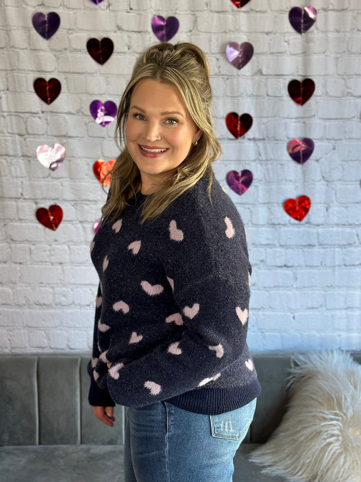 Navy Heart Sweater (Small - 3X)