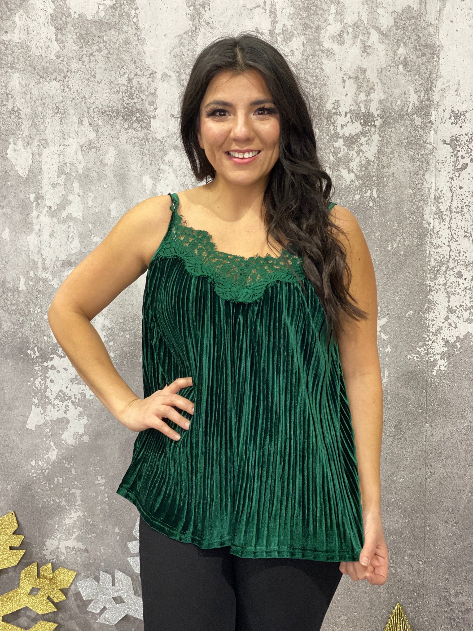 Velvet Lace Pleated Cami Tank - Green (Small Left)