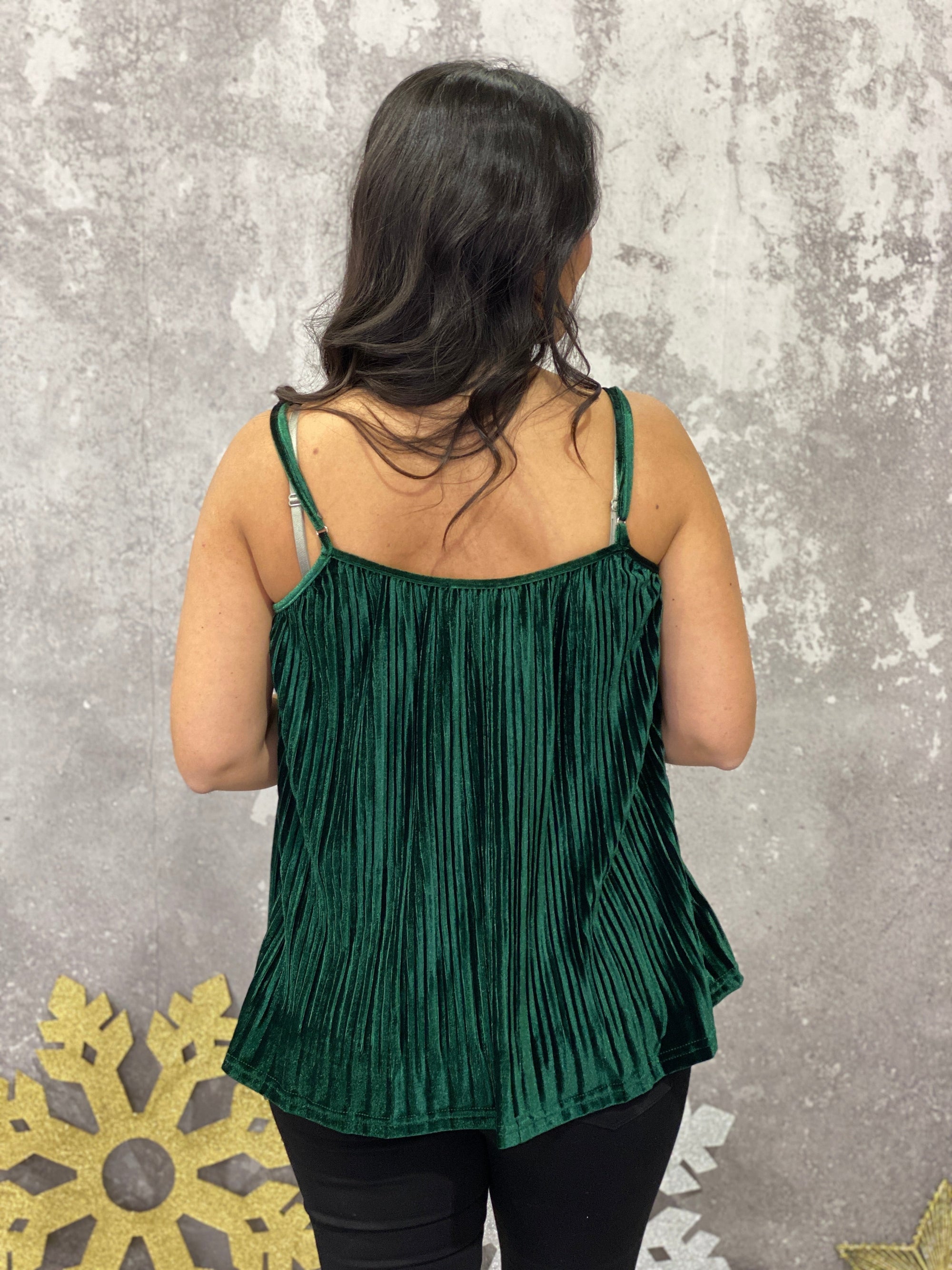 Velvet Lace Pleated Cami Tank - Green (Small Left)