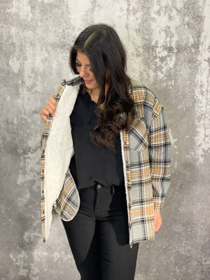 Grey Sherpa Lined Button Up Plaid Jacket (Small - 3X)