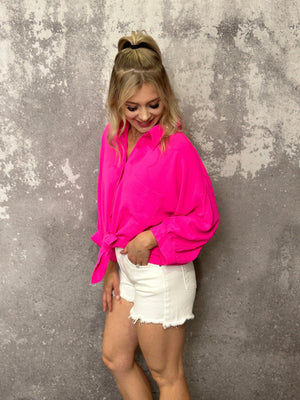 3/4 Sleeve Button Up Pocket AIrflow Top  - Neon Pink (RESTOCKED)