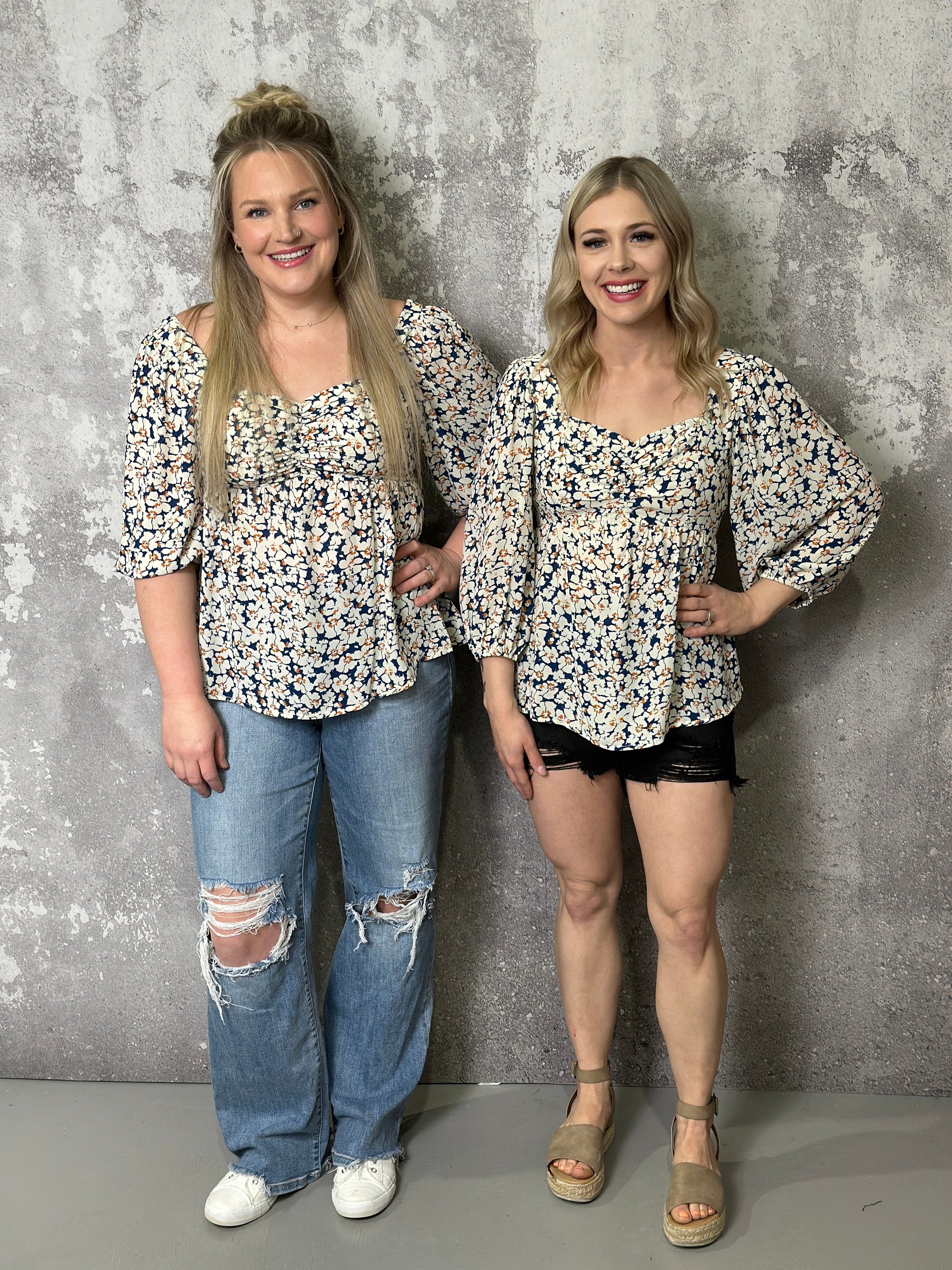 The Donna Sweetheart neckline 3/4 Sleeve Floral Top RESTOCK