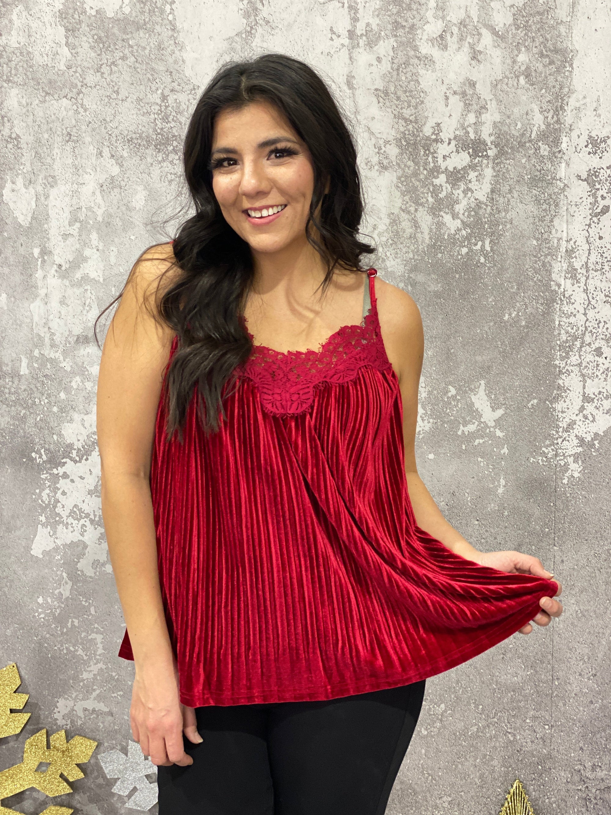 Velvet Lace Pleated Cami Tank - Red