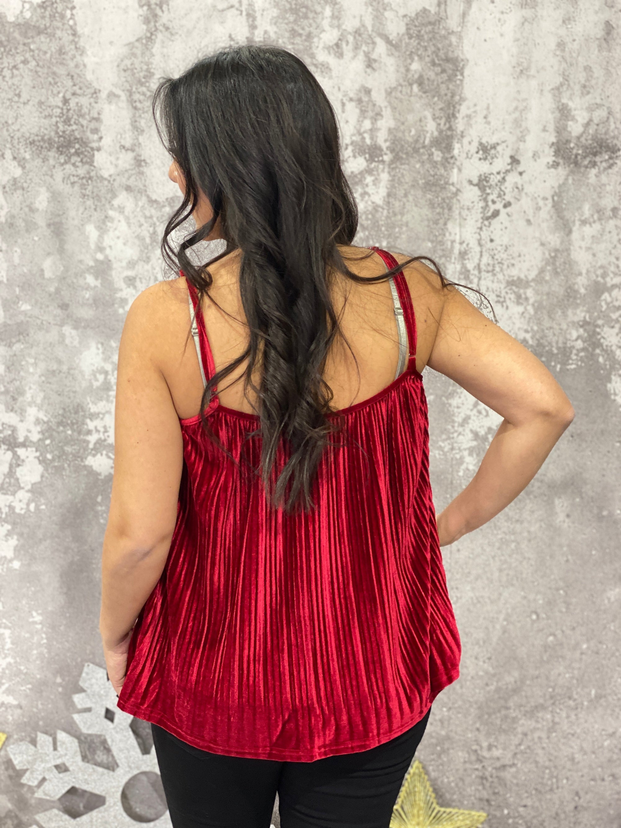 Velvet Lace Pleated Cami Tank - Red