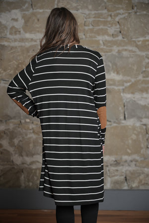 Stripe Cardigan with Faux Suede Elbow Patches - (Small - 3X)