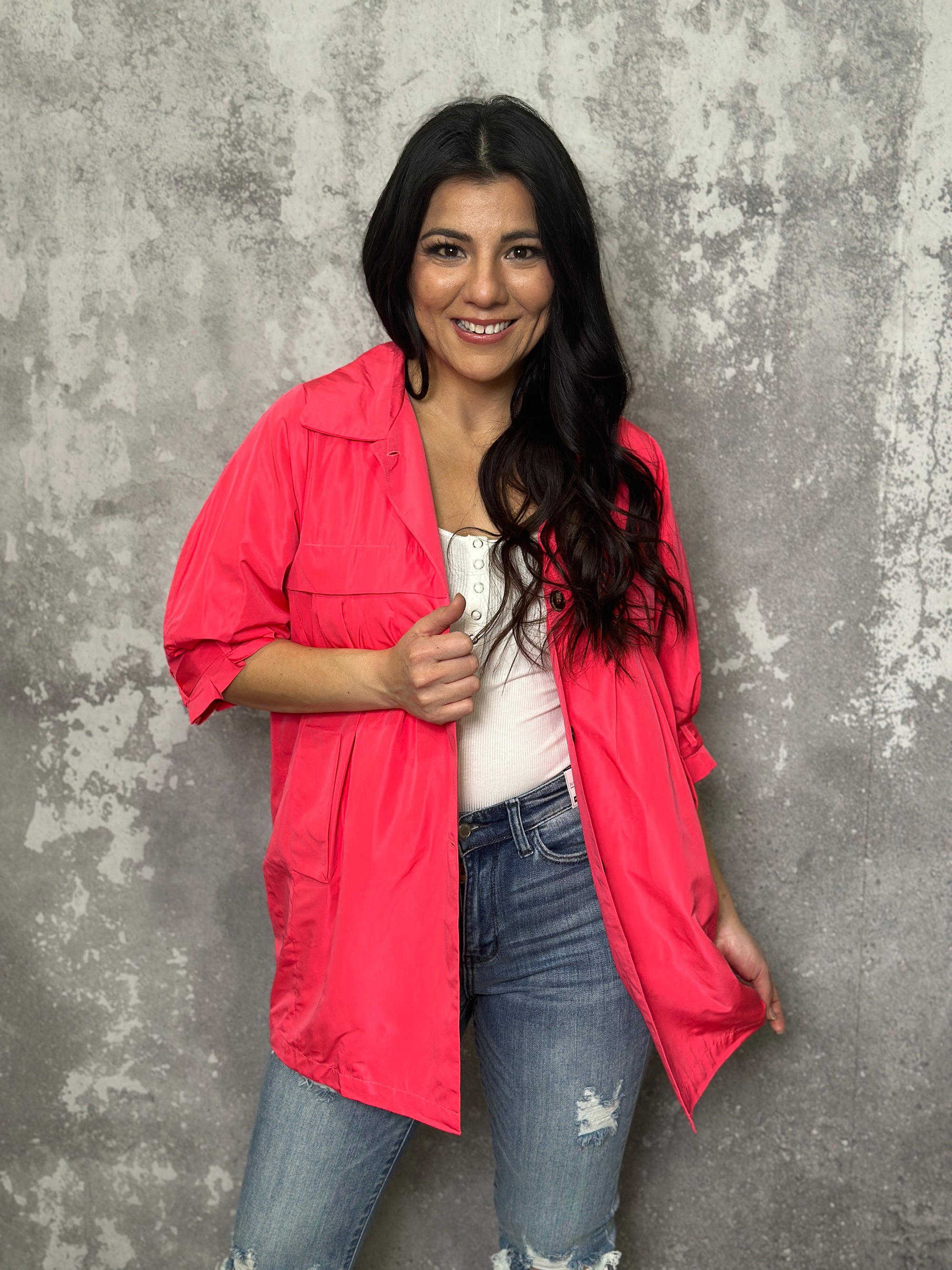 Bright Coral Short Sleeve Trench Coat - (Small - 3X) FINAL SALE