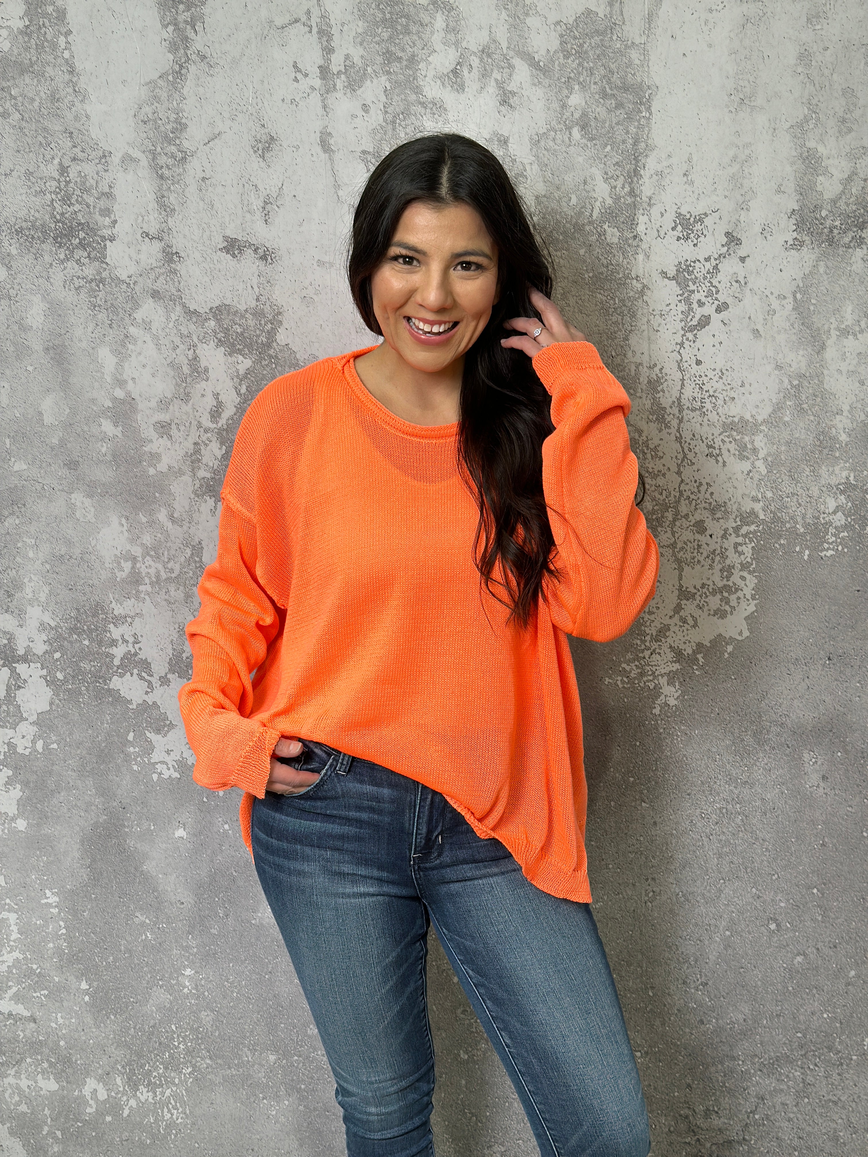 Neon Orange Light Knit Sweater Top (MEDIUM LEFT) - The Pink Porcupine ltd.