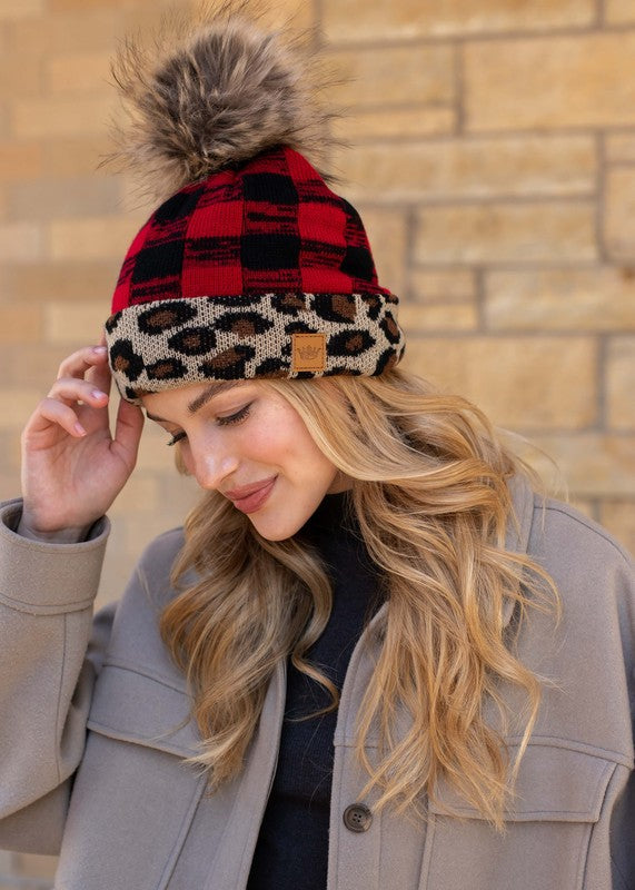 Red Buffalo Plaid Hat with Leopard Trim - FINAL SALE