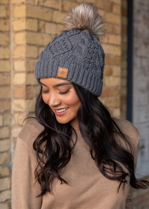 Cable Knit with Pom Pom Hat - 6 Colors