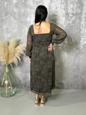 Printed Smocked Long Sleeve Midi Dress (Small-2X)