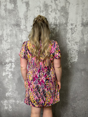 Wrinkle Free Flirty Floral Dress with Buttons - Magenta (Small - 3X)
