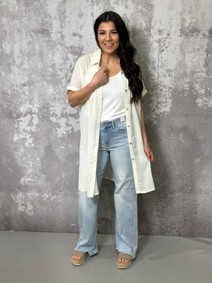 Short Sleeve Semi Sheer Ivory Button Up Top (Small - 3X)