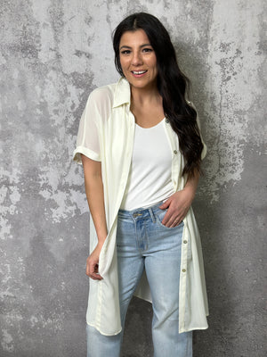 Short Sleeve Semi Sheer Ivory Button Up Top (Small - 3X)