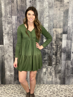 Ribbed Button Tiered Dress - Olive  (Small - 3X)- FINAL SALE