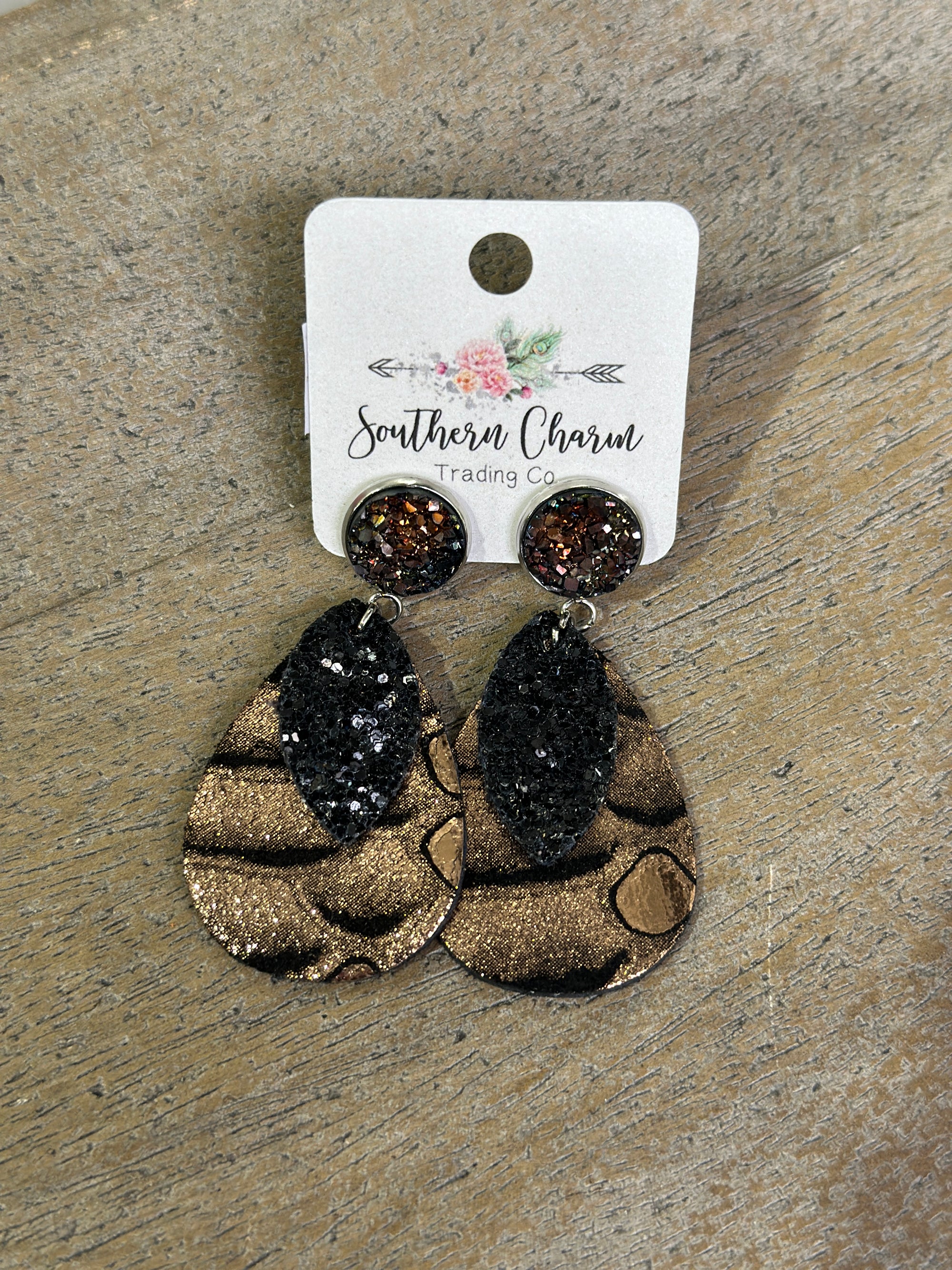 Dangle Druzy Rose Gold and Black Earring