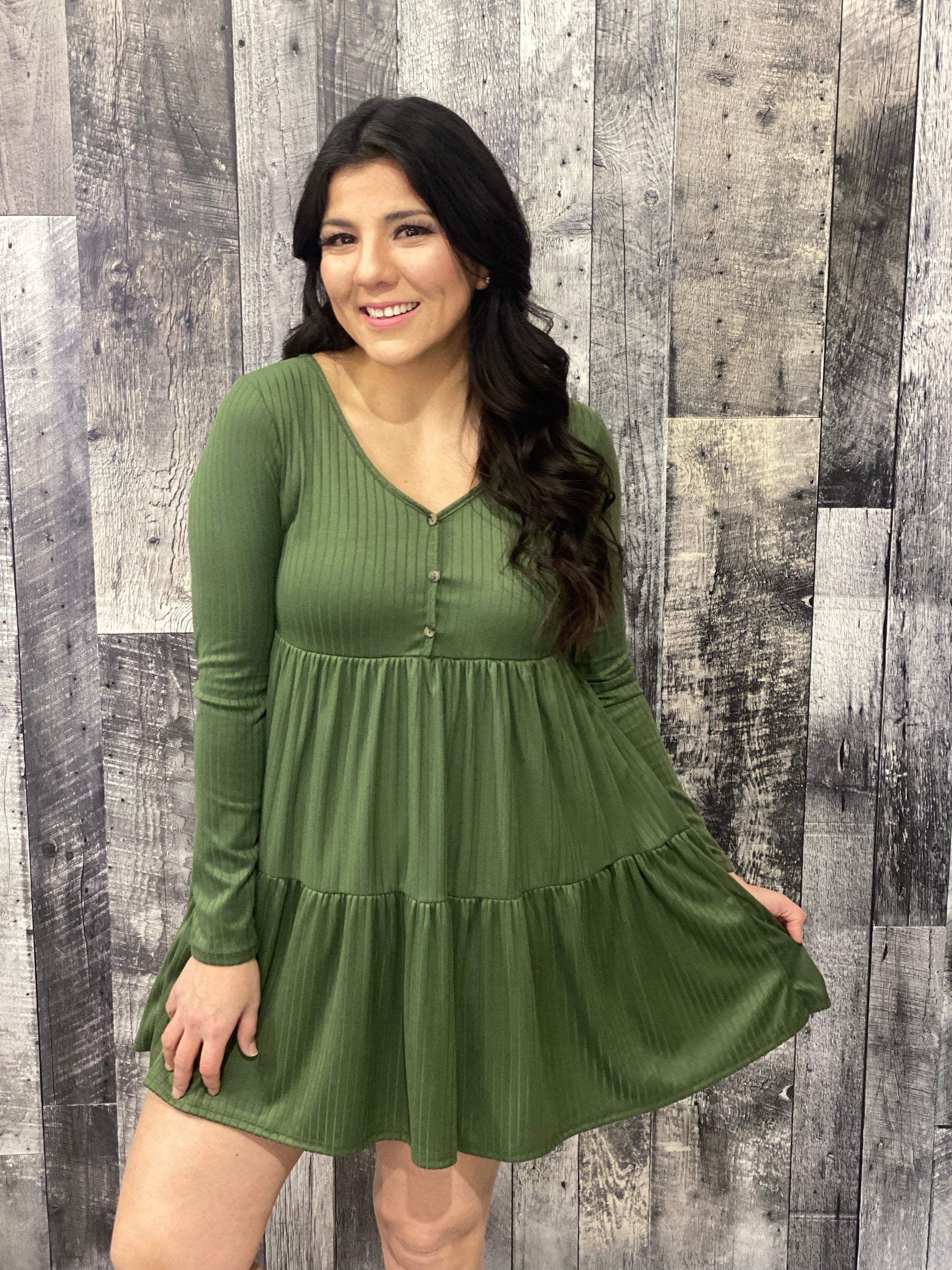 Ribbed Button Tiered Dress - Olive  (Small - 3X)- FINAL SALE