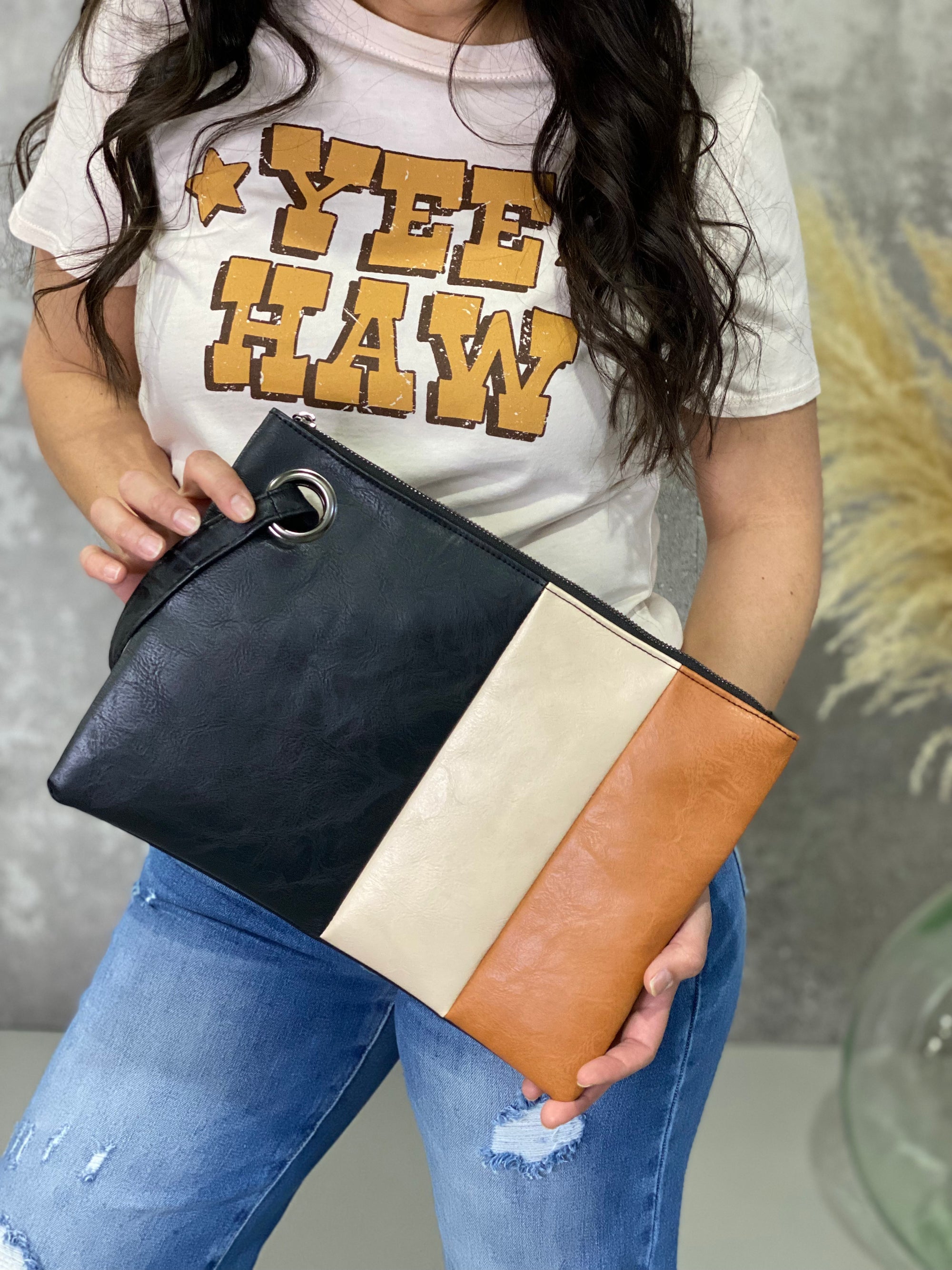 The Clementine Clutch - Camel/Taupe/Black