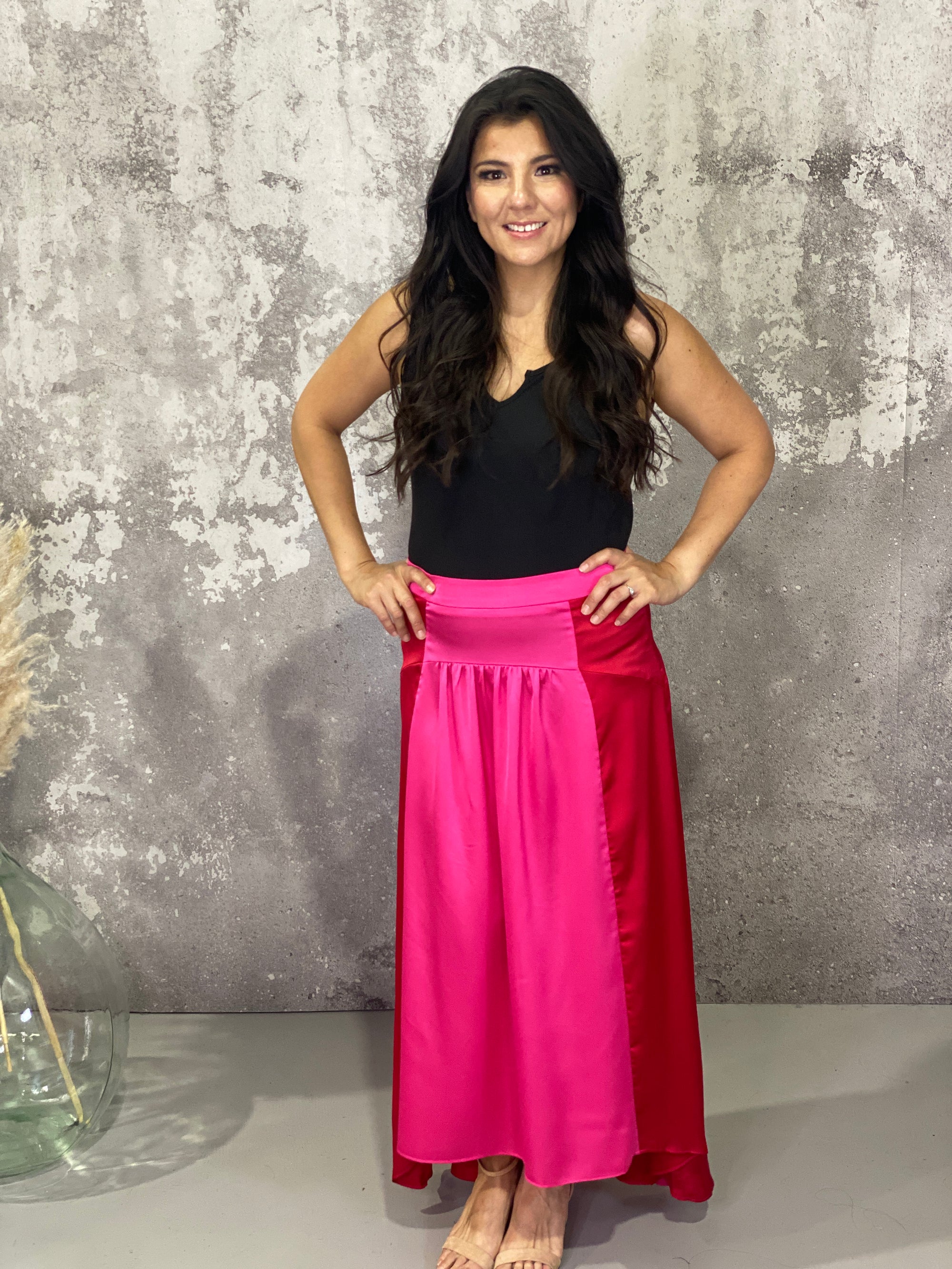 Red/Pink Colourblock Satin Skirt