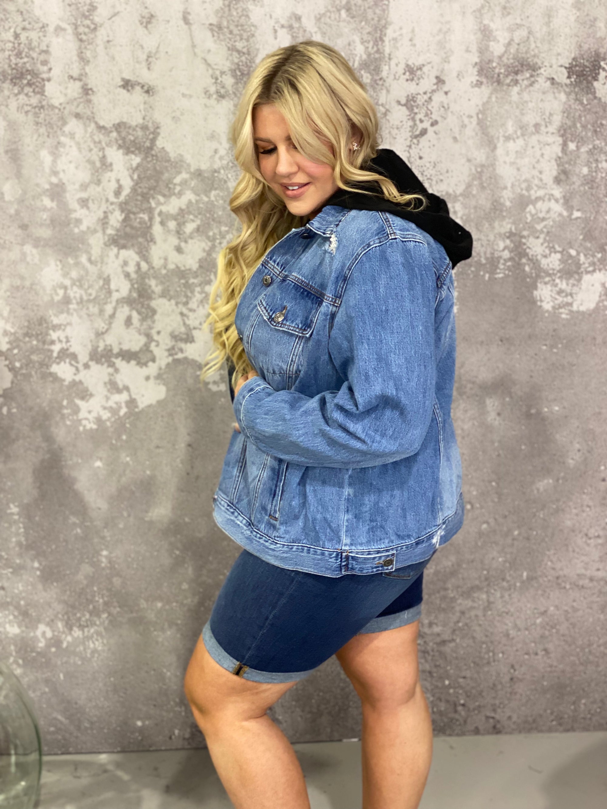 Distressed Black Detachable Hood Denim Jacket (Small - 3X)