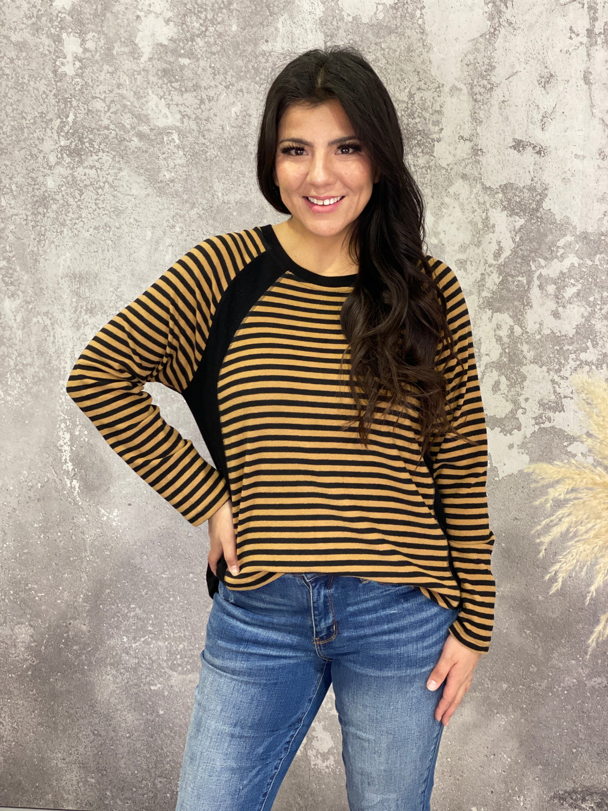 Super Soft Striped Camel and Black Top (Small - 3X) - FINAL SALE