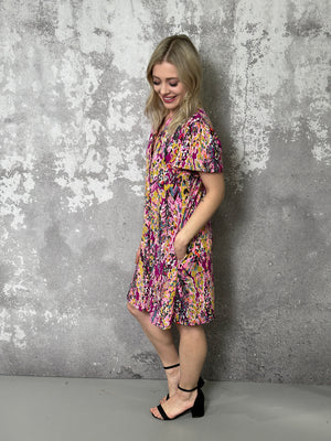 Wrinkle Free Flirty Floral Dress with Buttons - Magenta (Small - 3X)