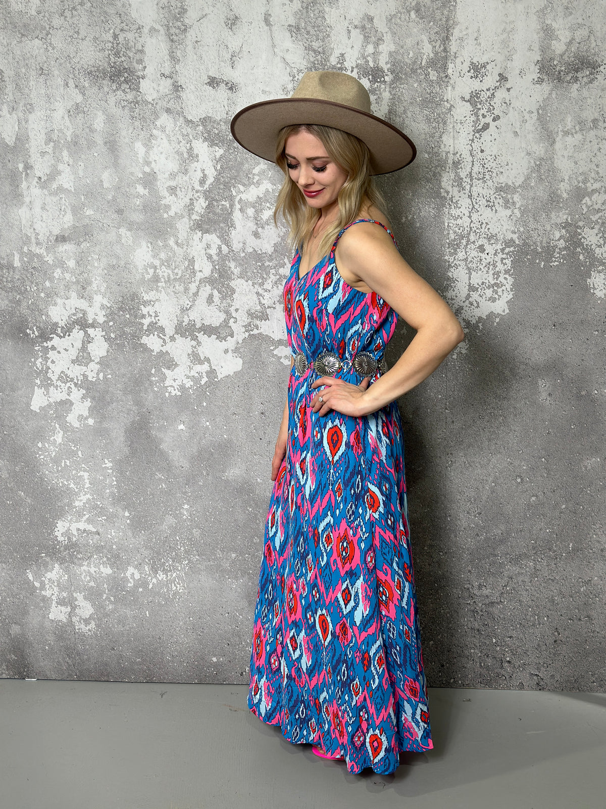 Blue/Red/pink Pattern Maxi Dress (Small - 2X)