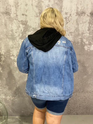 Distressed Black Detachable Hood Denim Jacket (Small - 3X)