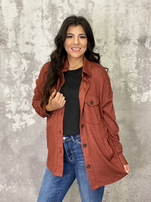 Lightweight Ribbed Button Shacket - Rust (Small - 3X)