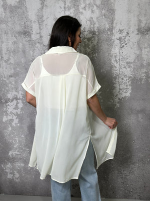 Short Sleeve Semi Sheer Ivory Button Up Top (Small - 3X)