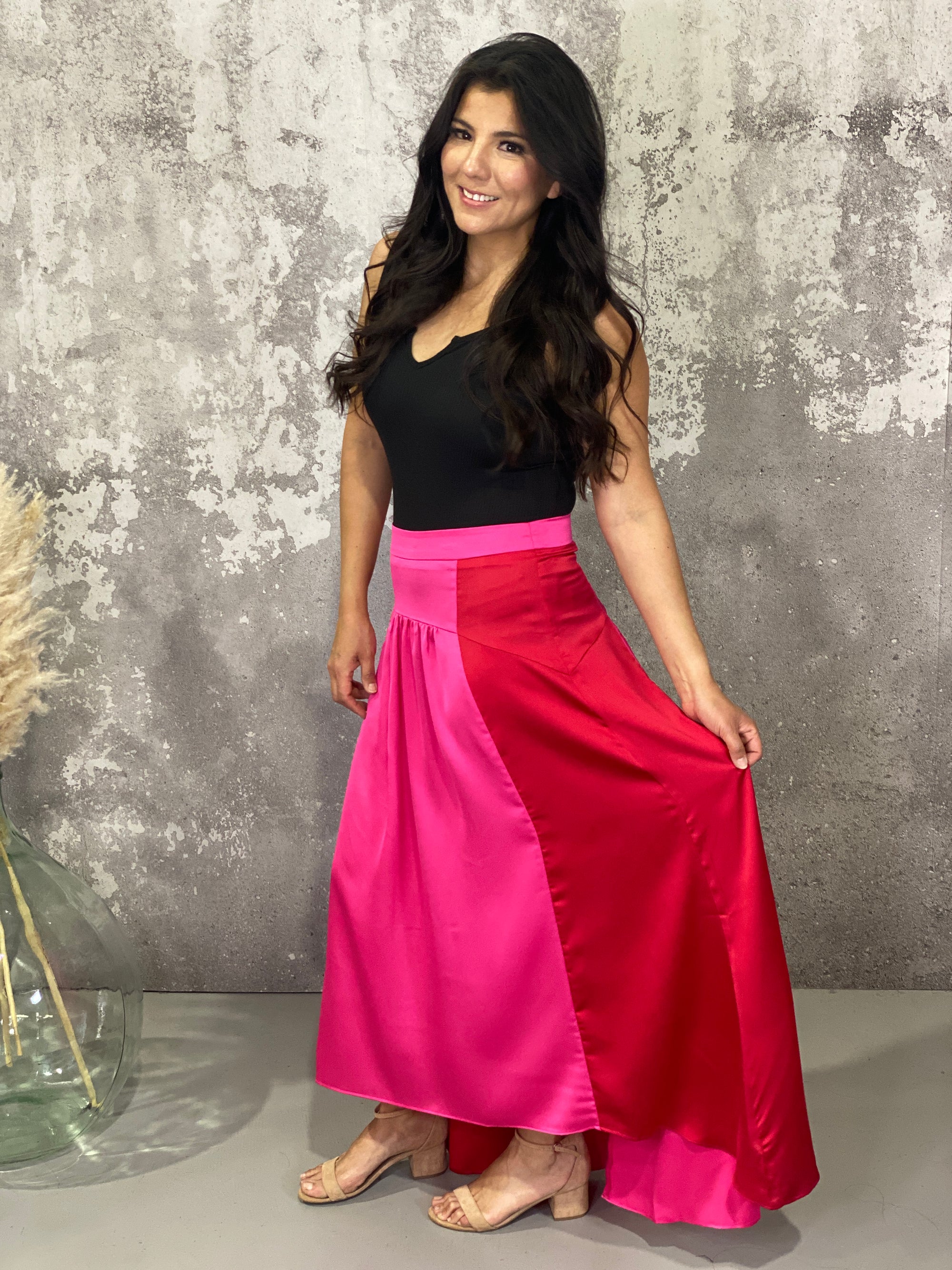 Red/Pink Colourblock Satin Skirt - FINAL SALE
