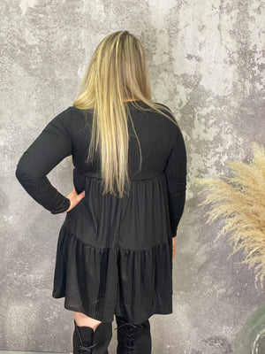 Ribbed Button Tiered Dress - Black-FINAL SALE