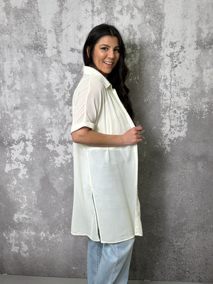 Short Sleeve Semi Sheer Ivory Button Up Top (Small - 3X)