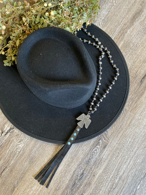 Thunderbird Leather Tassel and Turquoise Necklace