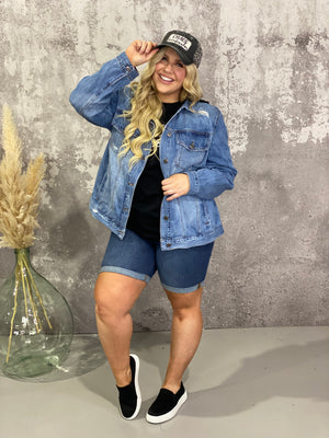 Distressed Black Detachable Hood Denim Jacket (Small - 3X)